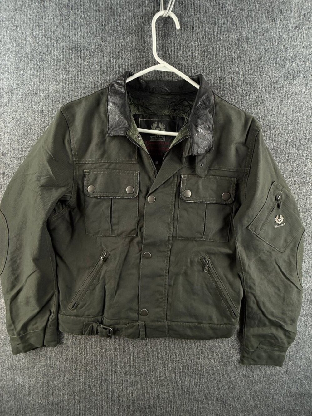 Belstaff Gangster Biker Canvas Italy Elbow Patches Medium Gold Label Green Wax